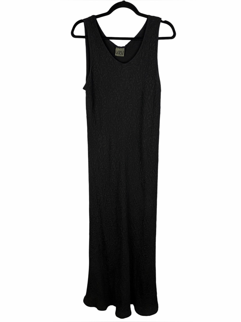 URU Black Textured Floral 100% Silk Sleeveless Maxi Dress Made in USA Large